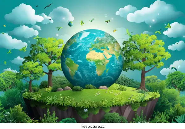 Green planet Earth illustration with trees, grass, and birds