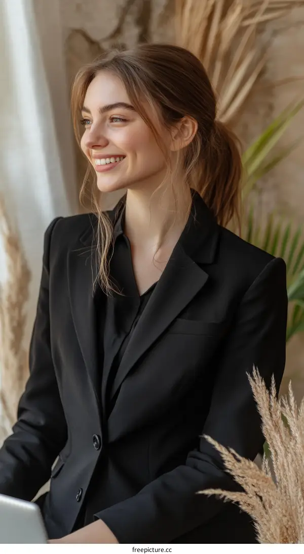 Young Woman in Black Blazer with a Laptop