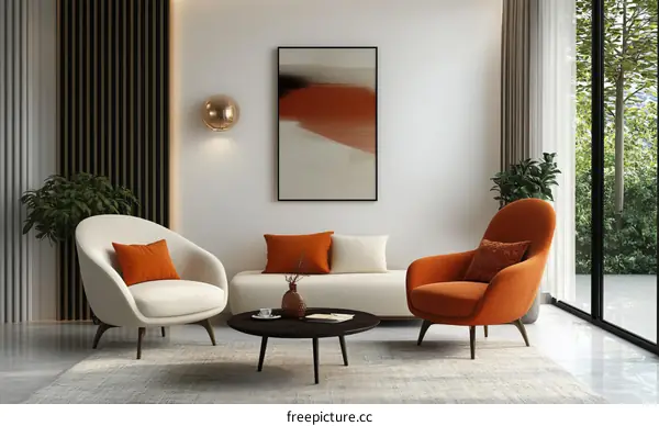Modern Living Room Interior Design with Orange Accent Chairs