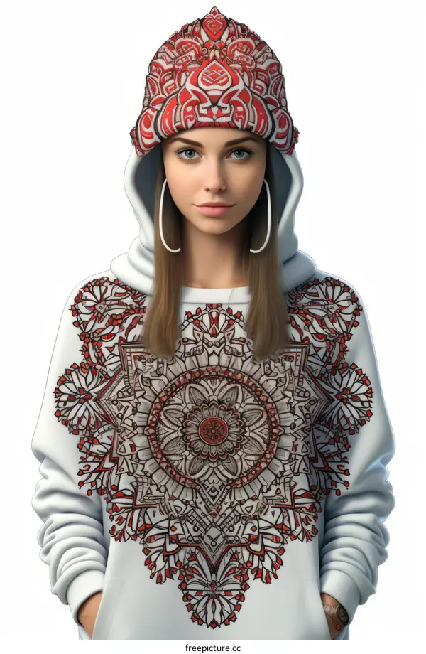 girl in a white hoodie with a red and black pattern