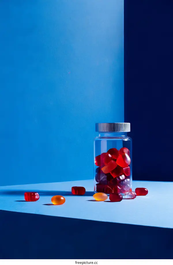 Colorful Candies in Glass Jar on Blue Background