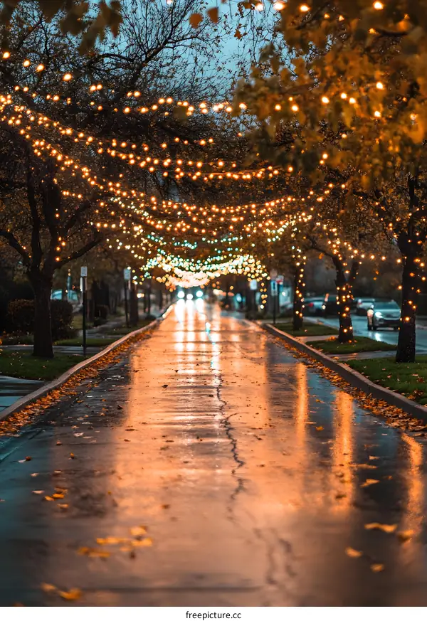 Street Lights and Fall Leaves at Dusk