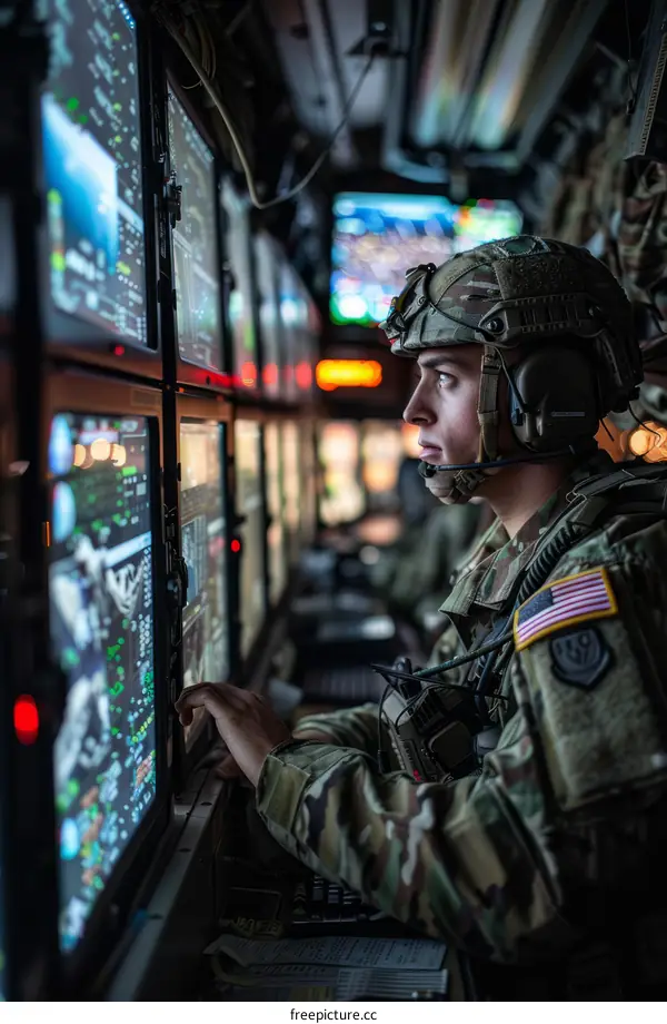 A soldier operates a computer system in a military vehicle