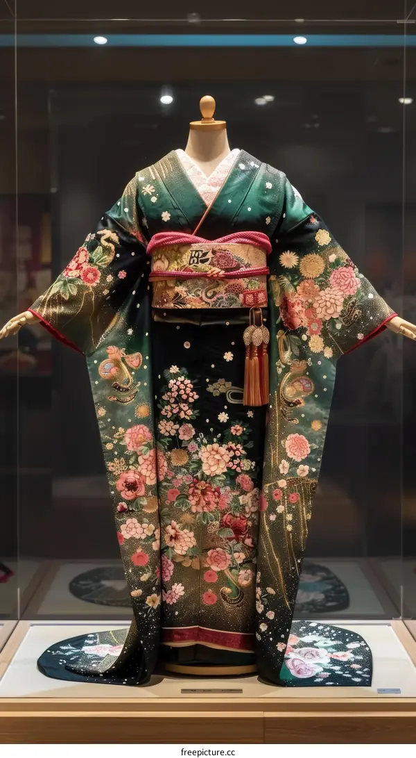 A kimono with a floral pattern and a dark green background