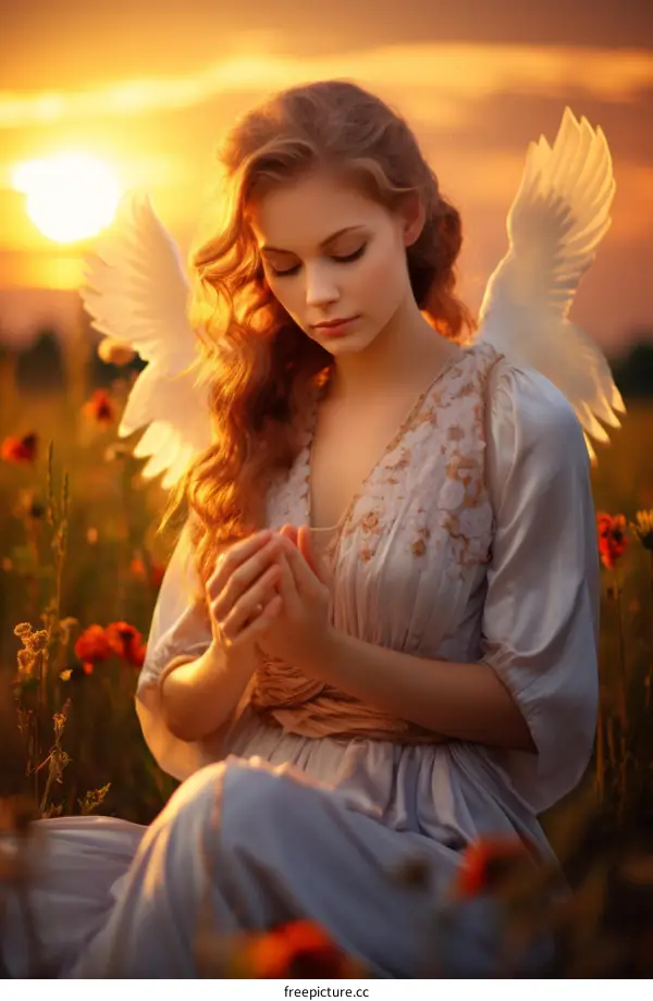 Ethereal Maiden Kneels in Field of Flowers at Sunset
