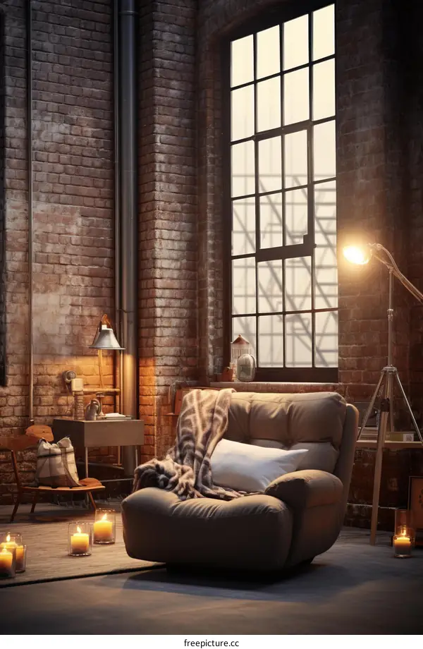 Modern Living Room with Brick Walls and Large Windows