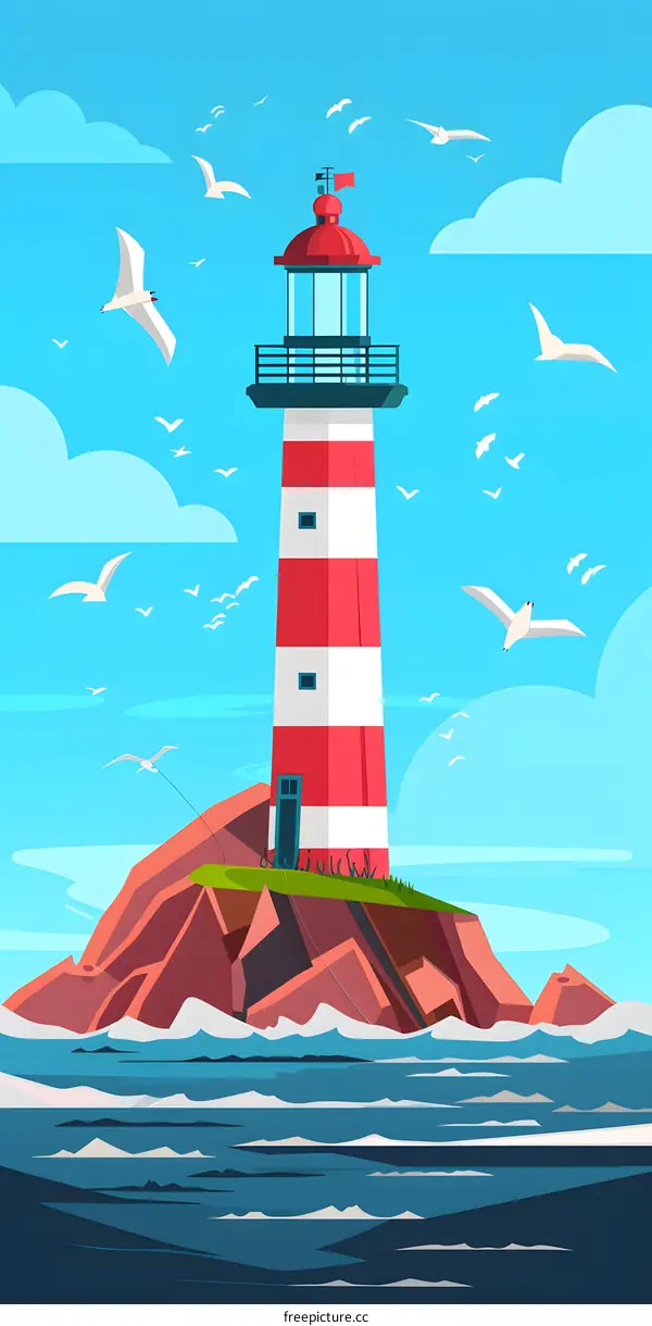 Red and White Lighthouse on a Rocky Island