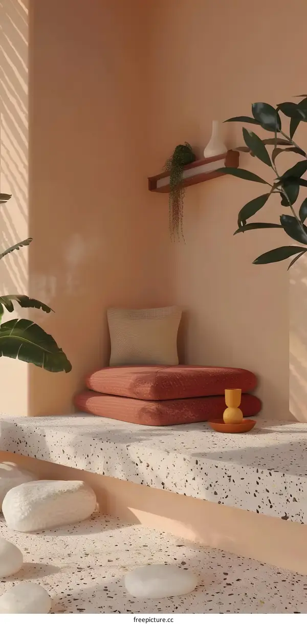 Minimalist Interior Design with Cushioned Seating and Terrazzo Floor