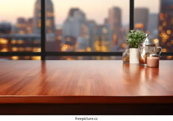 Empty Wooden Table Overlooking City Skyline