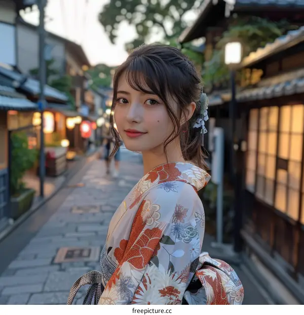 Japanese Woman in Kimono in Traditional Japanese Street