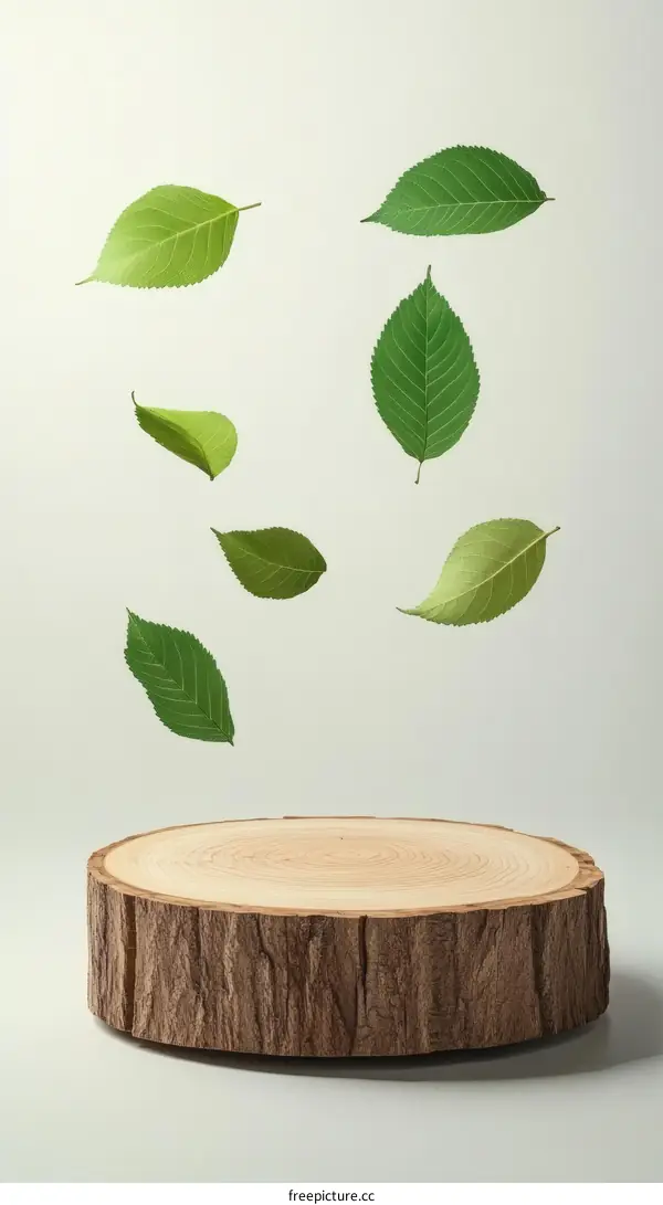 Wooden Stump Display with Falling Leaves