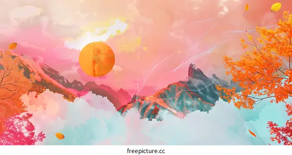 Abstract Mountain Landscape with Orange Sun and Floating Clouds