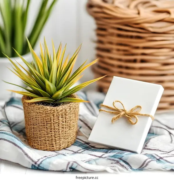 Close Up of Potted Plant With White Gift Box on Checkered Fabric