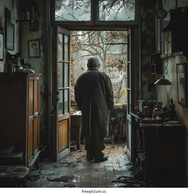 An old man standing in a room with a broken door