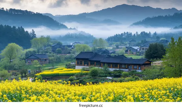 Misty Mountain Village with Canola Flowers