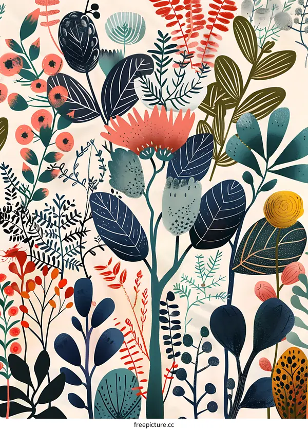 Abstract Floral Pattern with Colorful Foliage and Flowers