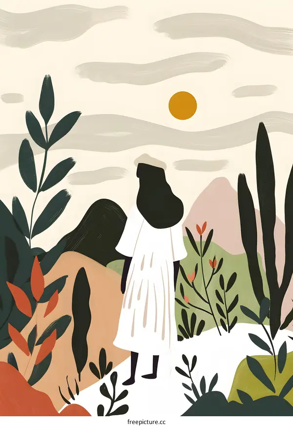 Woman Standing in a Landscape with Mountains and Plants