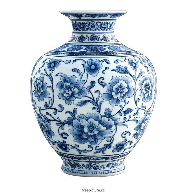 [Transparent Background PNG]Blue and White Porcelain Vase with Floral Design