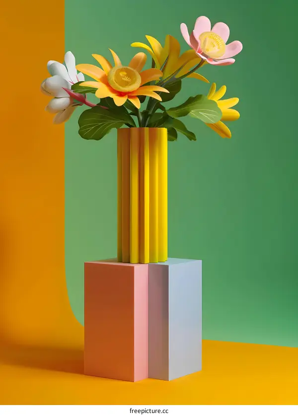 Yellow Vase with Colorful Flowers on Pastel Colored Platforms