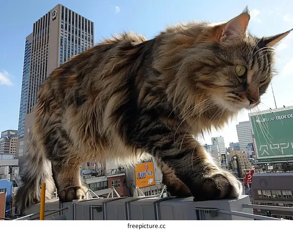 A ginger cat is walking on a railing in front of a city backdrop
