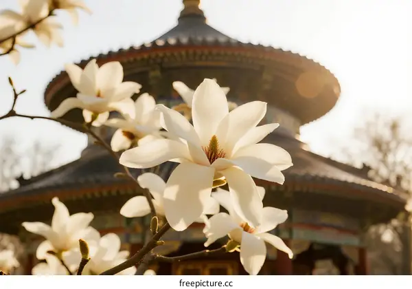 Beautiful Magnolia Flowers in Front of Traditional Chinese Pavilion