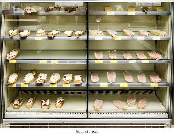 Refrigerated Display Case of Sandwiches and Meat in a Grocery Store