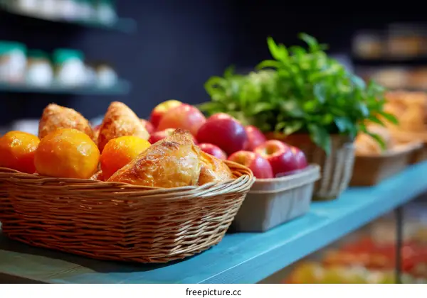 Fresh Bakery and Fruits Display in a Basket