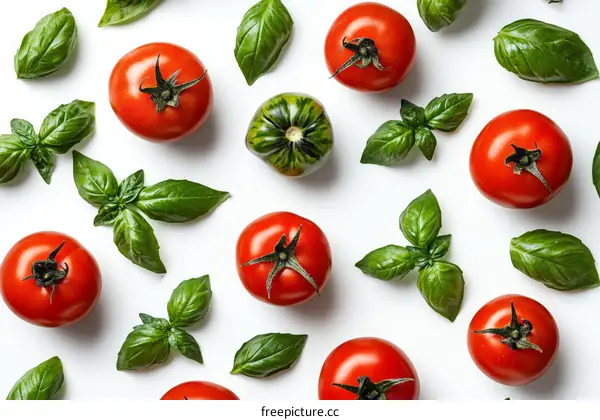 Fresh Tomatoes and Basil Pattern on White Background