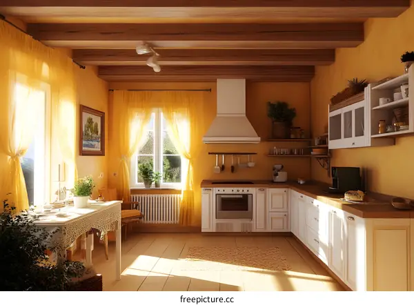 Rustic Kitchen Interior Design with Wooden Beams and Yellow Walls