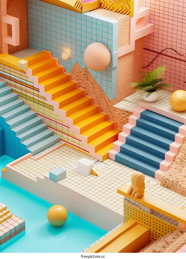Abstract 3D Illustration With Stairs, Geometric Shapes And  Patterned Walls
