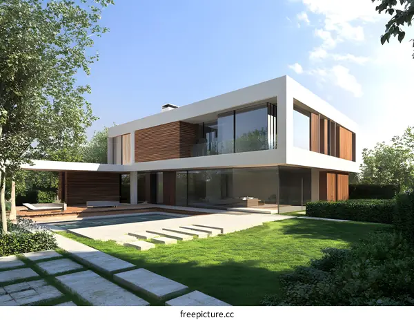 Modern House Exterior Design With Pool and Lush Greenery