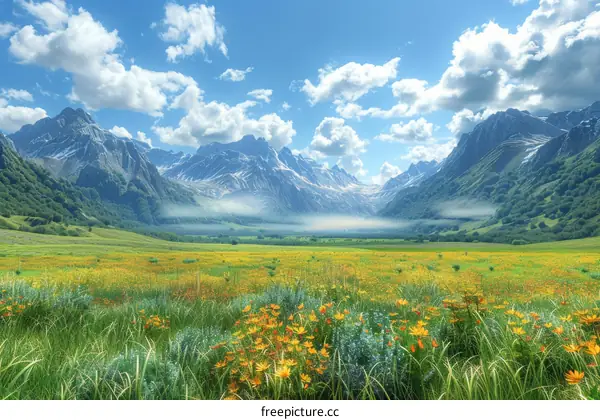 Tranquil Mountain Landscape with Meadow and Wildflowers
