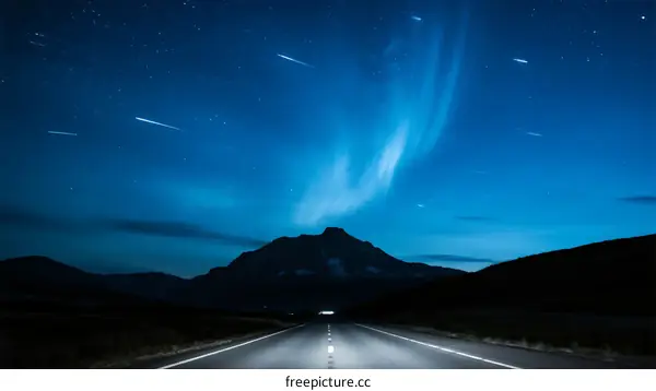 Night Road with Northern Lights and Shooting Stars