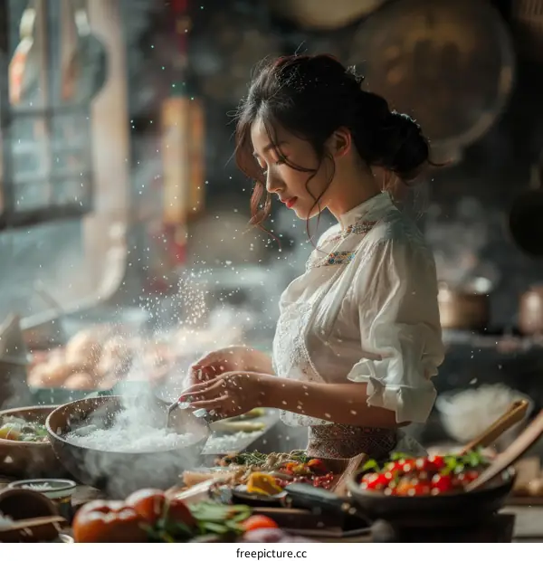 An Asian woman is cooking in a traditional kitchen