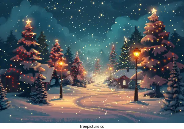 Snowy Christmas Village Street with Decorated Trees and Illuminated Cottage