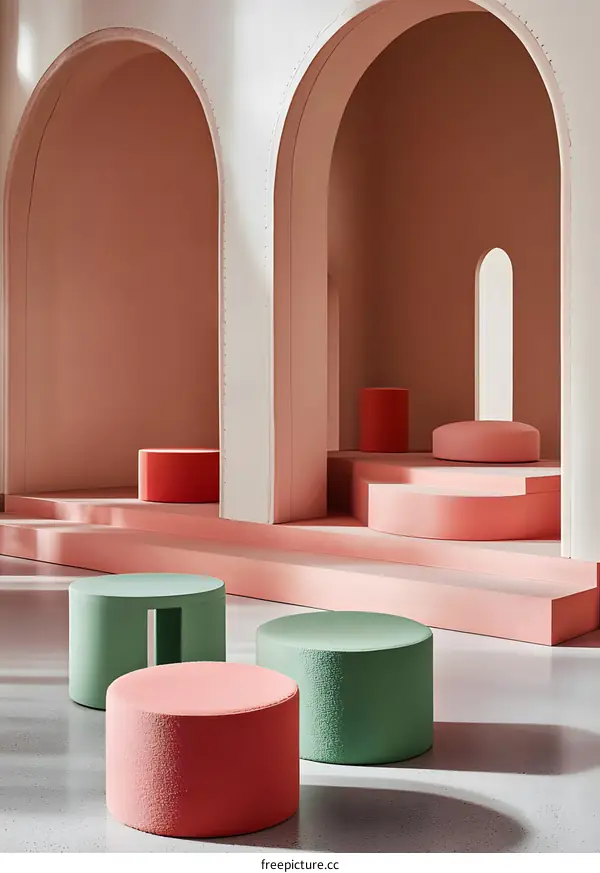 Pink and Green Cushioned Stools in a Modern Room with Arches