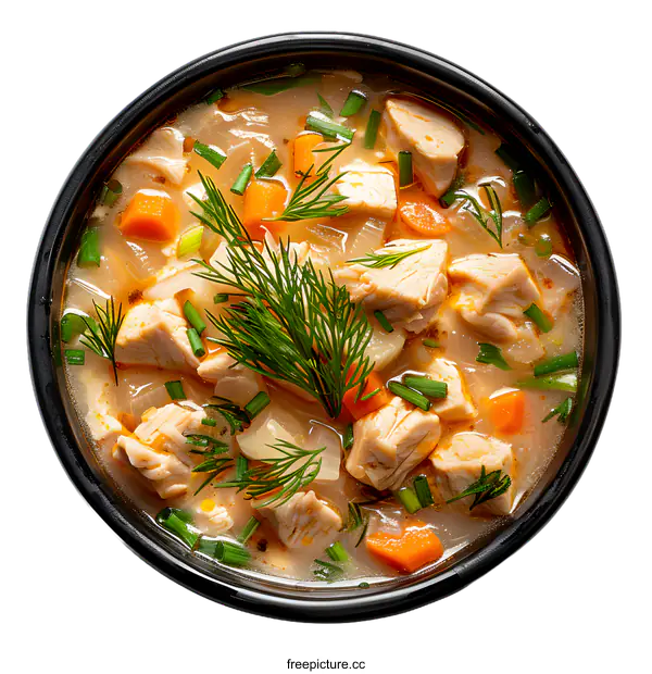 [Transparent Background PNG]Chicken noodle soup with carrot and greens