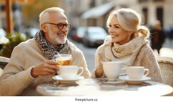 Senior Couple Enjoying Tea in Outdoor Cafe