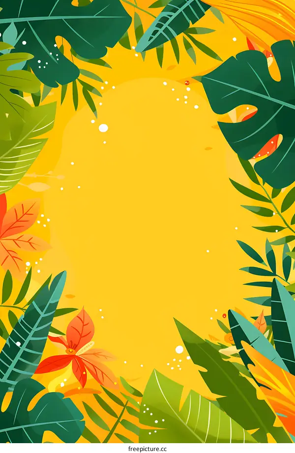 Tropical Leaves Frame Summer Yellow Background