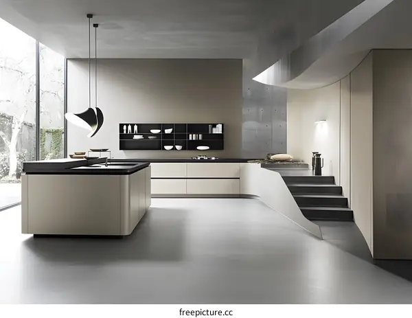 Modern Kitchen Interior Design with a Curved Staircase and Minimalist Decor
