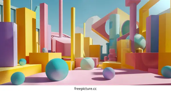 Abstract 3D Cityscape with Geometric Shapes and Colorful Spheres