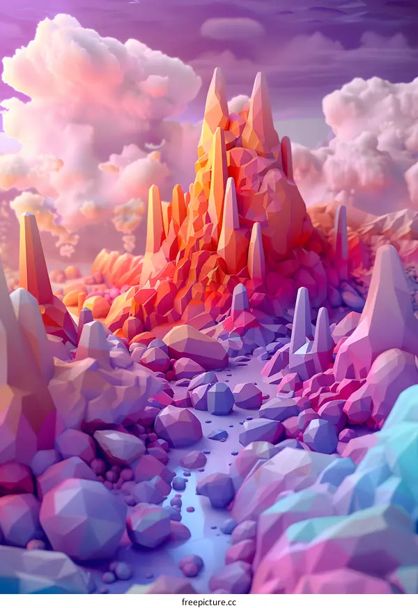 Low Poly Mountains Landscape with Pink Clouds