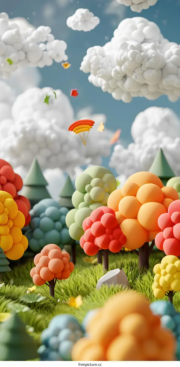 3D rendering of a colorful forest with a rainbow parachute