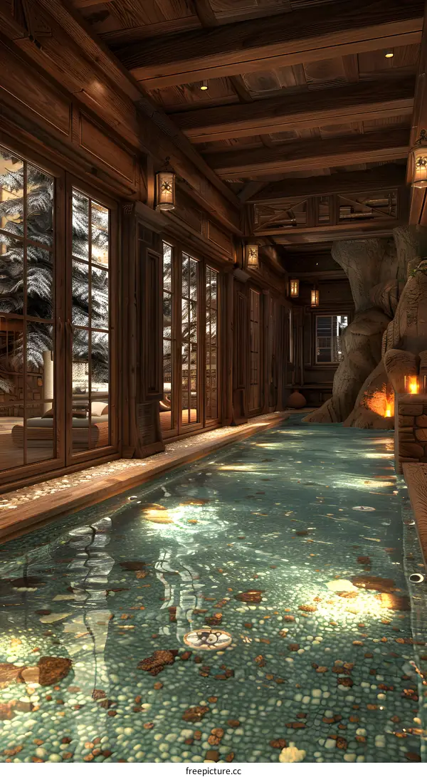 Indoor swimming pool in a rustic wooden house