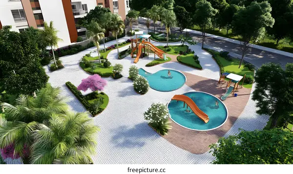 Aerial View of a Residential Complex with Swimming Pools and Playground