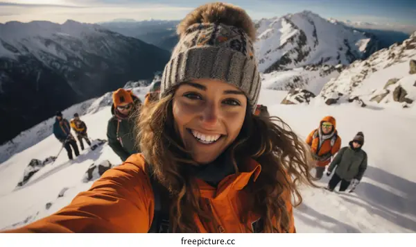 A group of friends mountaineering on a snowy mountain.