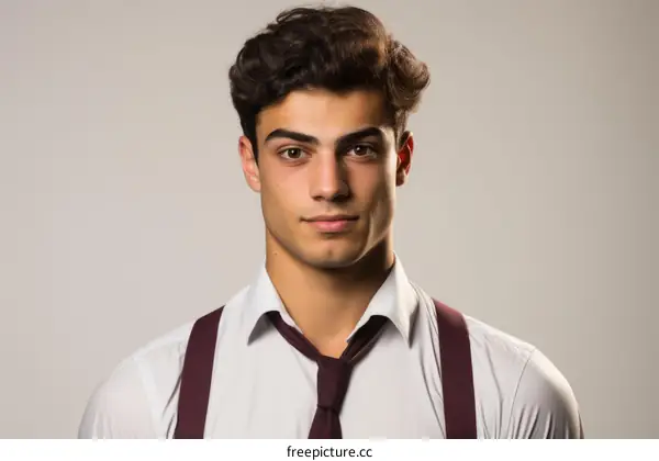 Portrait of a handsome young man with dark hair and brown eyes wearing a white shirt and tie