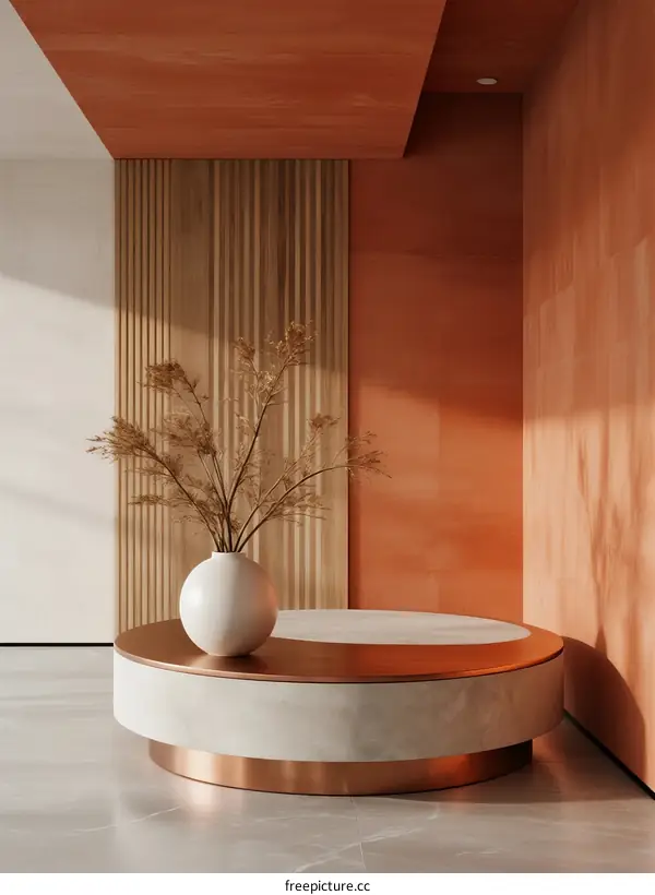 Elegant Round Coffee Table with White Vase and Wooden Wall Decor