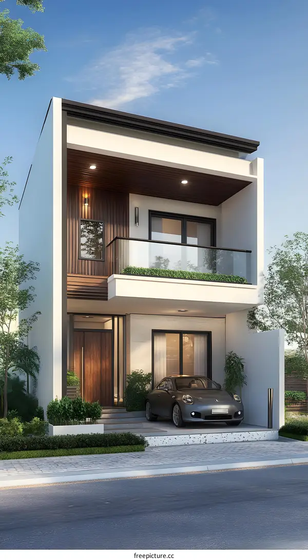 Modern Minimalist House Design with Balcony and Car