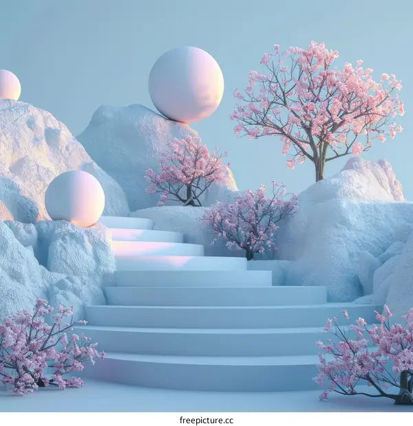 3D Japanese Sakura Tree and Rockery Steps